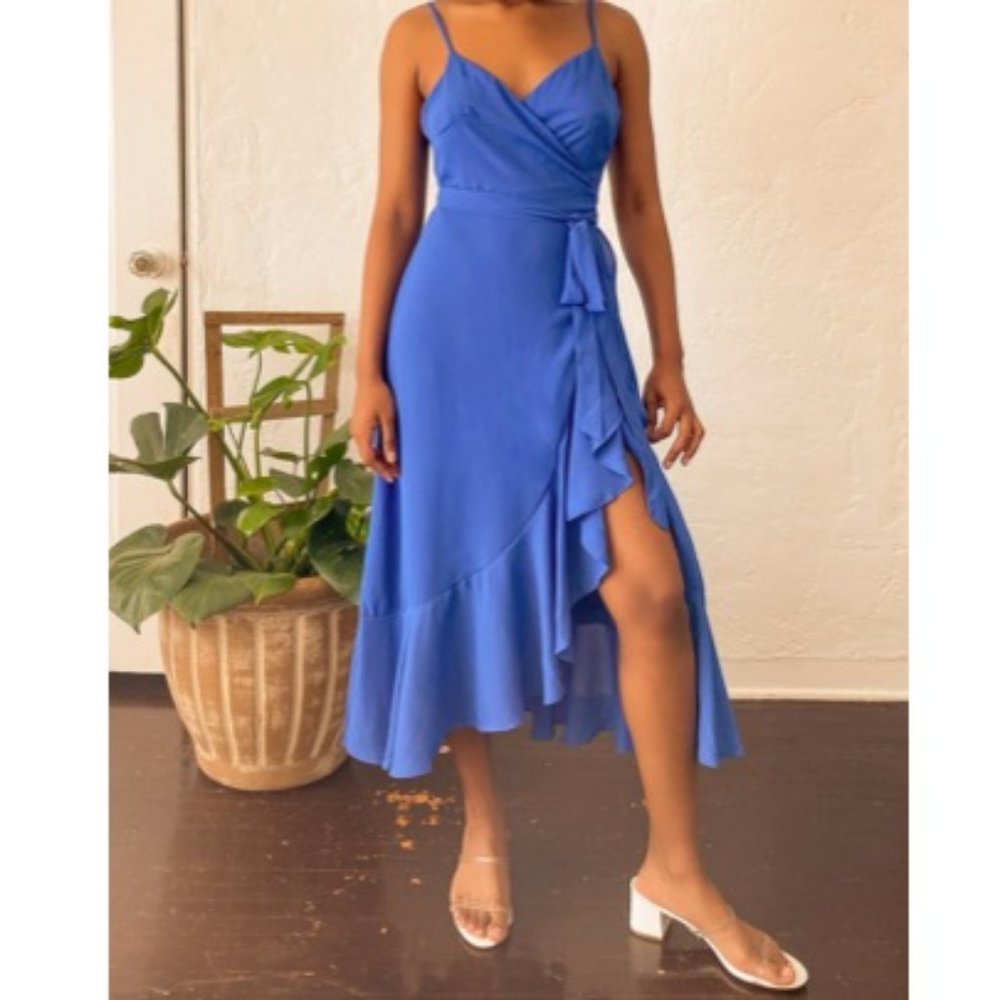 Lulu's Blue Ruffled Midi Wrap Dress